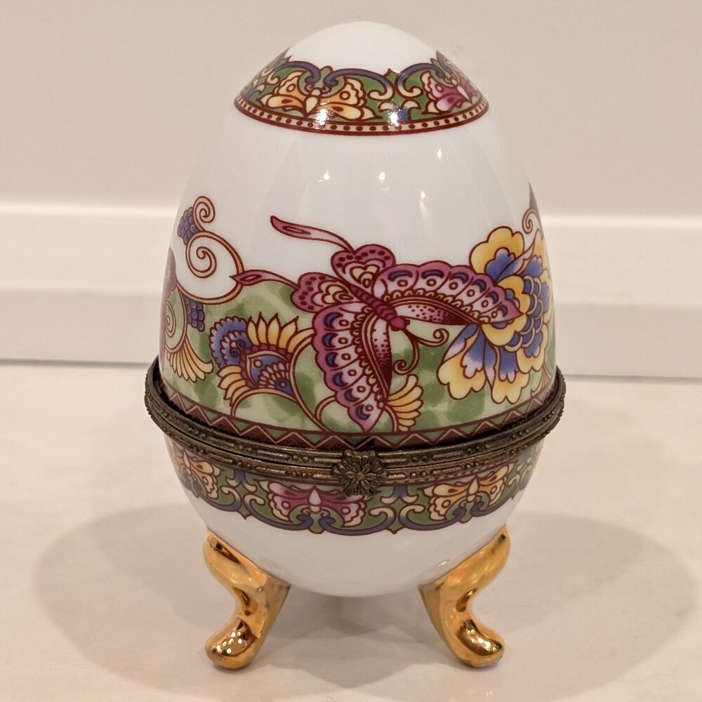 Limoges Hand Painted Egg France Trinket Box with Butterflies
